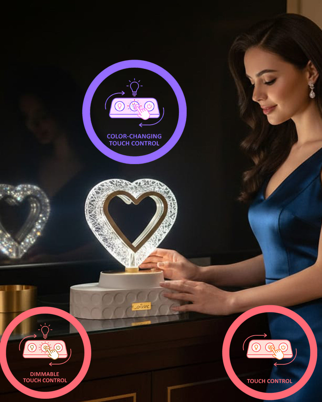 Elegant Crystal Heart LED Table Lamp – Dimmable & Color Changing