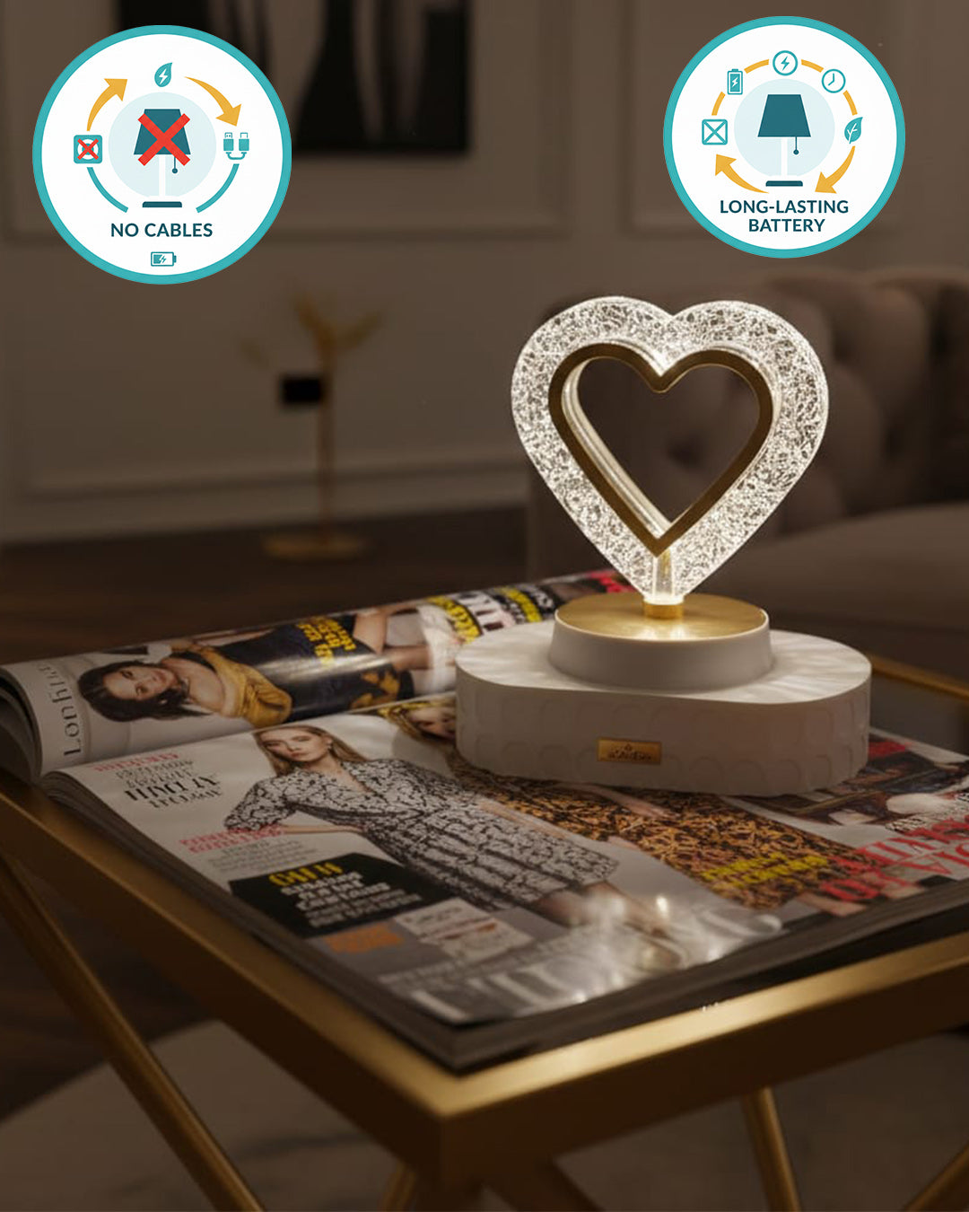 Elegant Crystal Heart LED Table Lamp – Dimmable & Color Changing